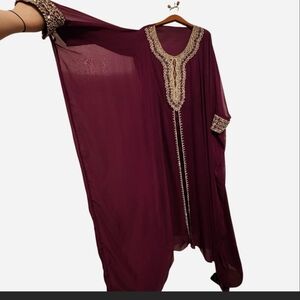 Elegant Plum Purple Kaftan with Gold Embroidery